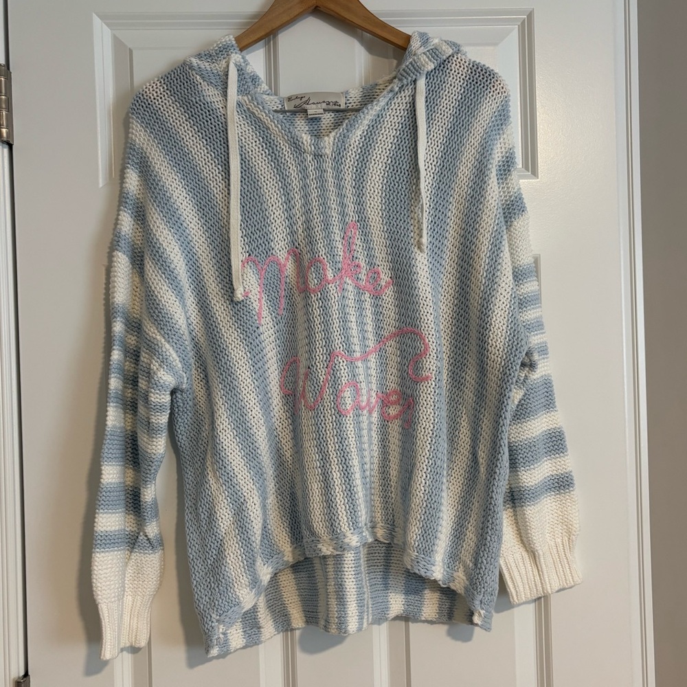 Vintage Havana Blue and White Striped Hoodie with Pink Text (Make Waves)